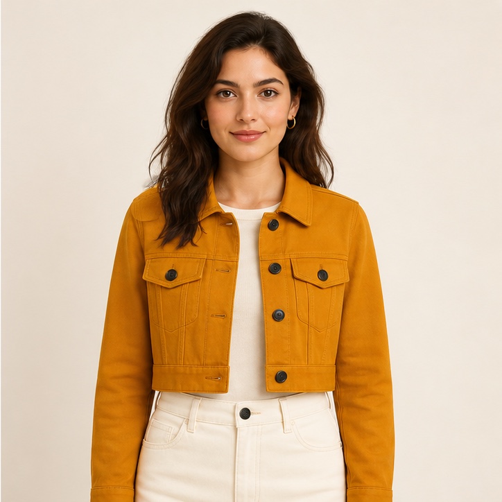 Woman wearing an amber jacket supplied as a second image